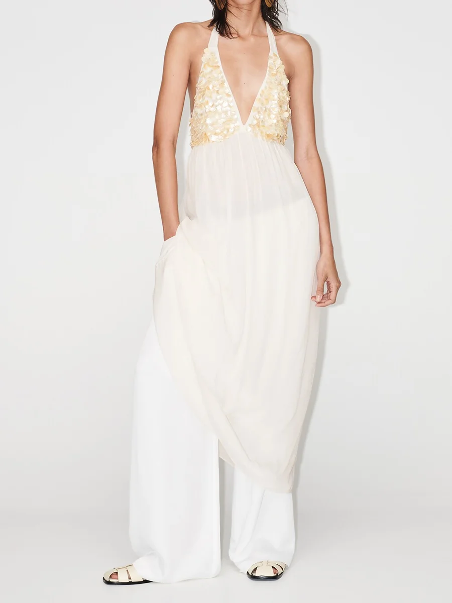 

Sequined Patchwork Transparent Midi Dress Sleeveless Lace-up Halter Backless Long Vestidos Summer Fashion Sexy Party Dresses
