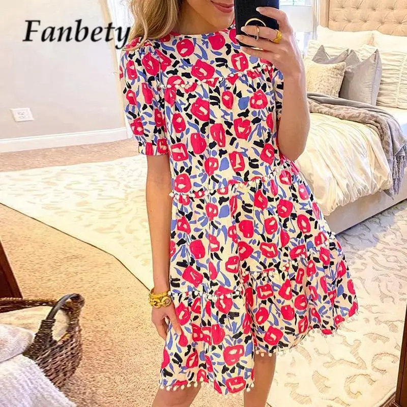 

2023 Casual Ladies Beach Holiday A-line Dress All-match Women Floral Print Pullover Dress Summer O Neck Short Sleeve Loose Dress