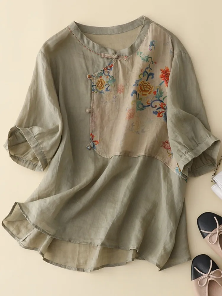 

Women Summer Casual Shirt New Arrival 2023 Summer Chinese Style Vintage Floral Print Loose Female Short Sleeve Tops Shirts B2872
