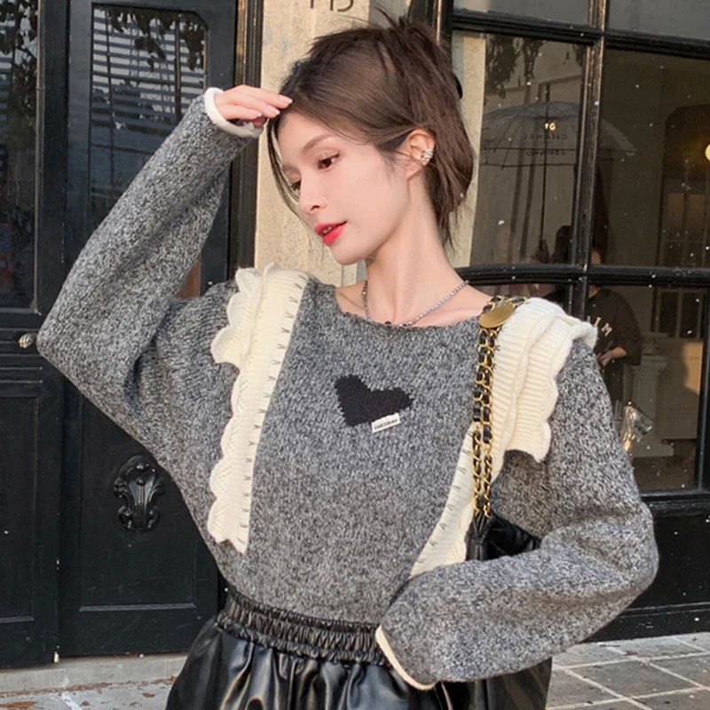 

Lady Love Heart Ruffles Patch Long Sleeve Sweaters Female Gray Sweet Pullover Sweater 2023 Chic Knit Top Korean Fashion Clothes