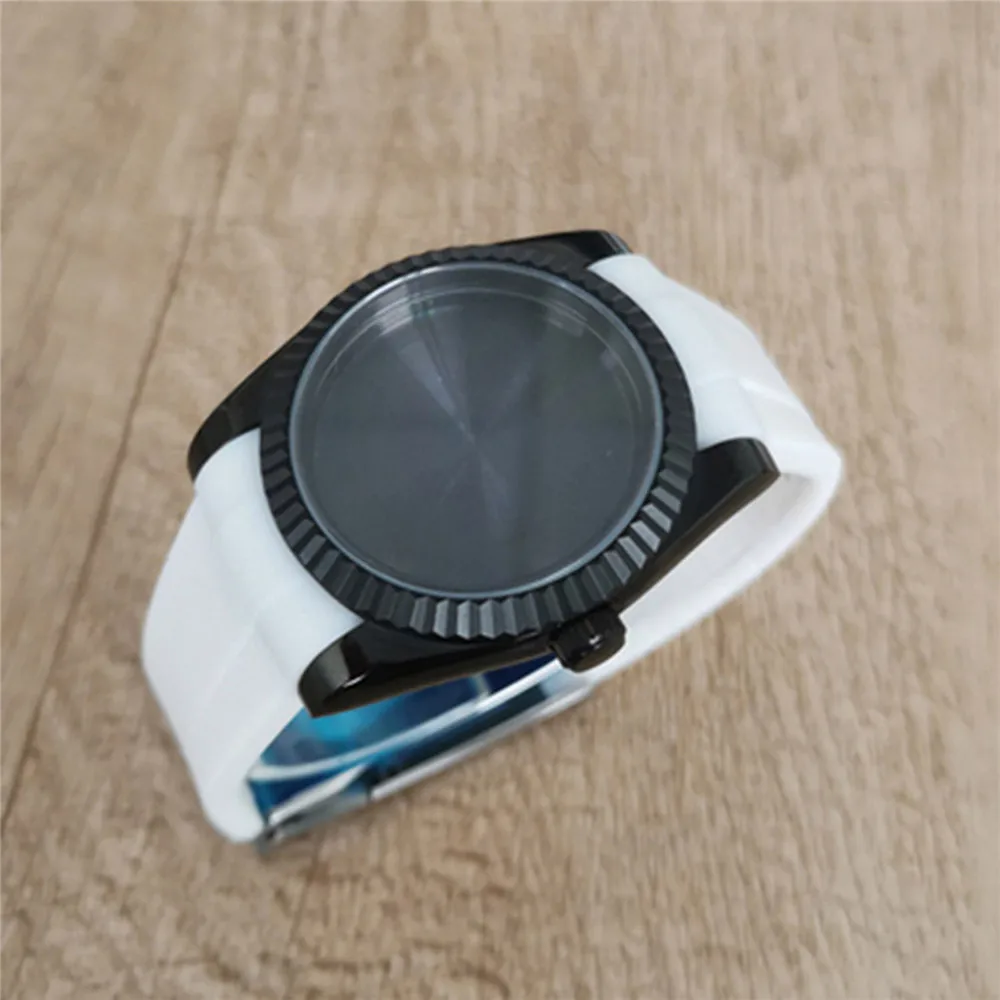 36mm Black Case Rubber Strap Set Watch Accessories, Magnifying Glass/Flat Sapphire Mirror Watch Case for NH35 NH36 4R Movement