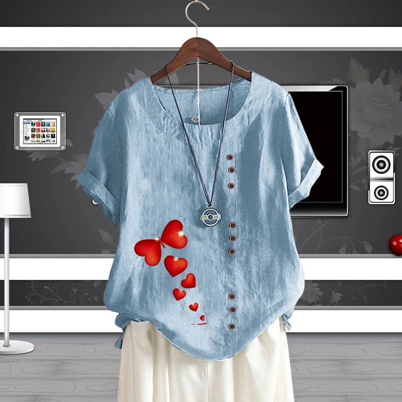 

Lady's Round Neck Loving Heart Pattern Printed Short Sleeve Fashion Loose Linen T Shirt for Women Summer Casual Shirt Pullover