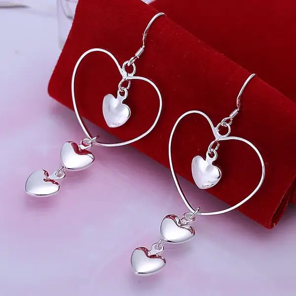 

New fashion 925 Silver color Earrings for Women party Jewelry love heart long earrings girl Valentine's Day Gifts