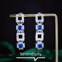 luxury geometric cz crystal silver jewelry women long royal blue sapphire earrings for bridal engagement party ear accessories