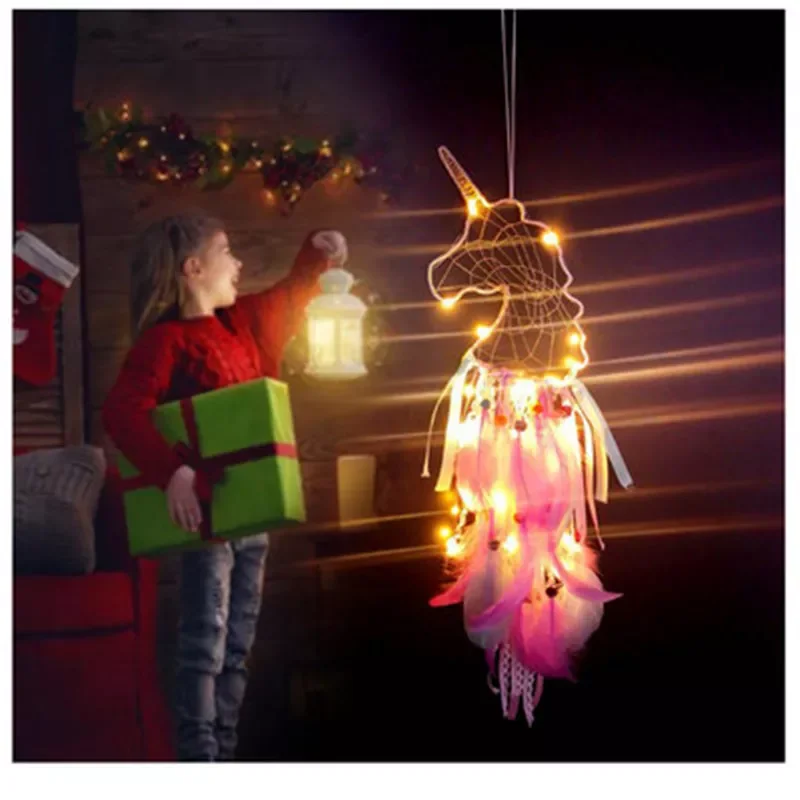 

LED Light Unicorn Dreamcatcher Wind Chimes Wall Hanging Unicorn Dream Catcher Bedroom Room Decor For Kids Girls Hanging Pendant
