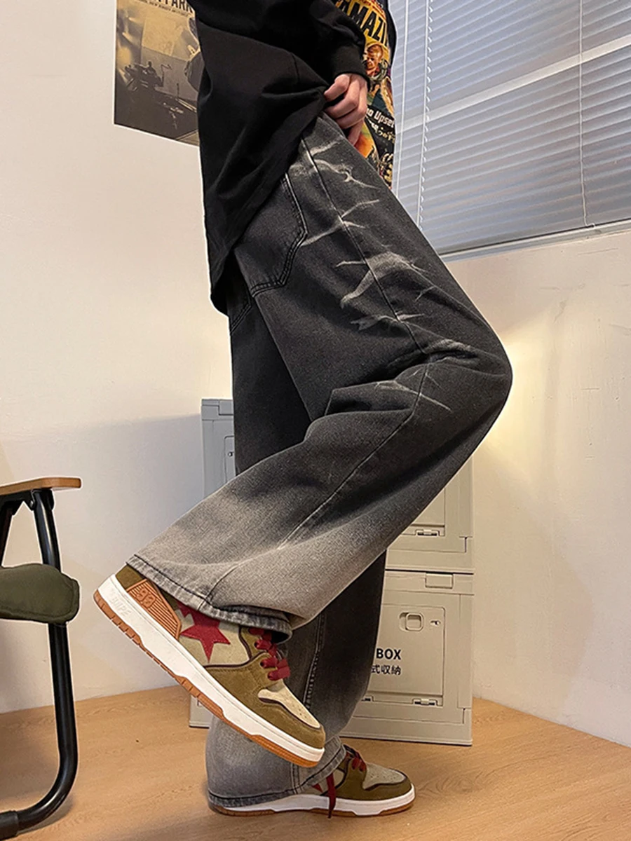 European and American Men's New Gradient Jeans Men's Trend American Loose Straight Paint Wide Leg Pants Streetwear Men Clothing