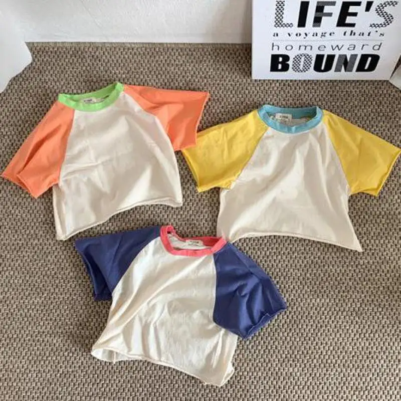 

2022 Summer New Baby Short Sleeve T Shirt Patchwork Sleeves Cute Girl Tee Cotton Infant Boy T Shirts Toddler Kids T Shirt Tops