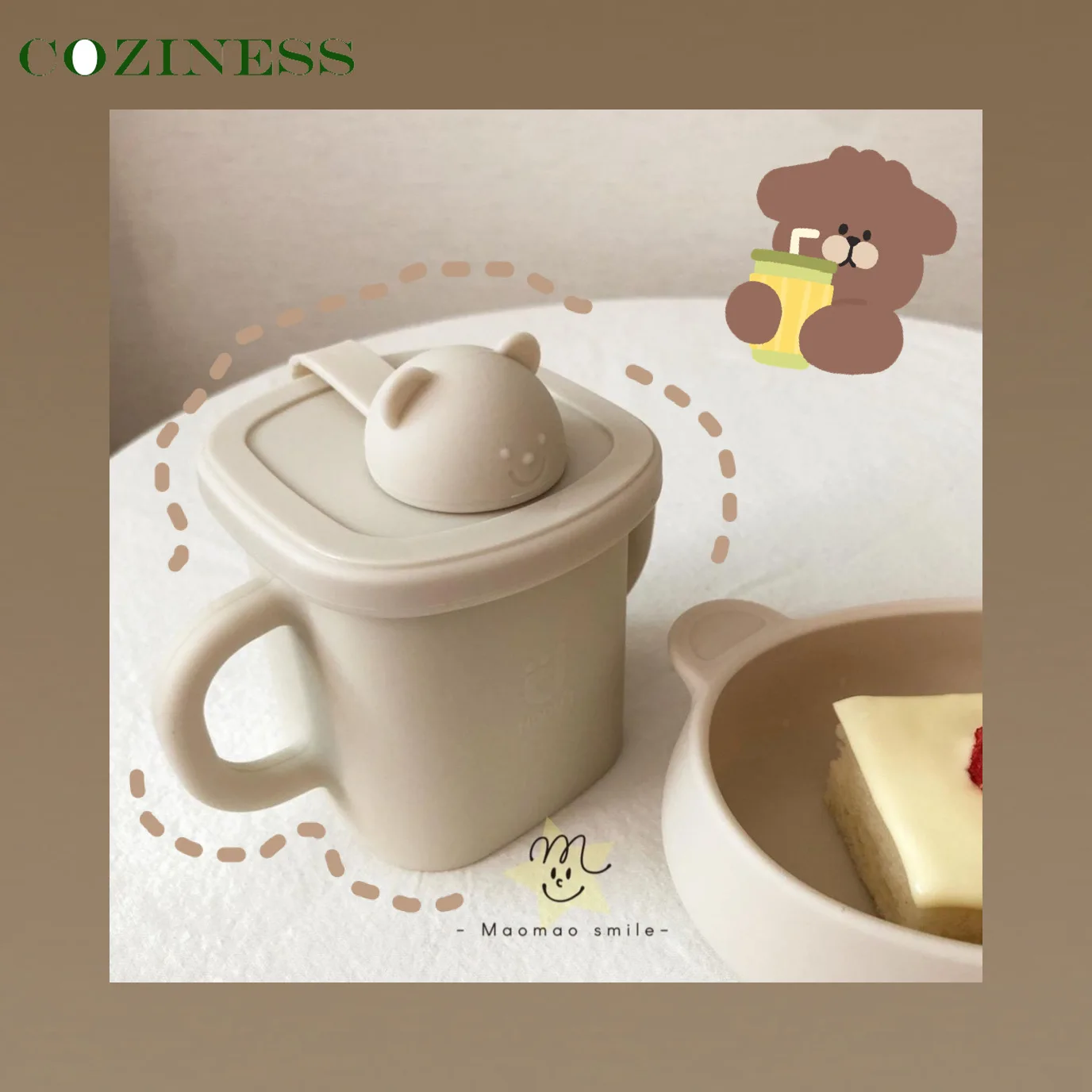 

Детская чашка для напитков, силиконовая однотонная чашка с милым медведем с ручкой, чашка для закусок, нескользящая Осенняя чашка, Легкая оч...