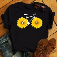 sunflower bicycle printed t shirt women new black fashion t shirt female ladies kawaii cute graphic tee tops women casual tshirt