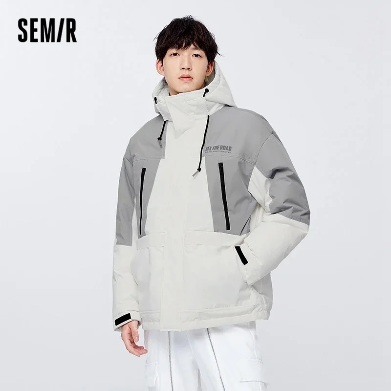 

New in Down Jacket Men 2022 Winter Coat Loose Contrast Color Stitching Three-Proof Letter Printing Hooded Top
