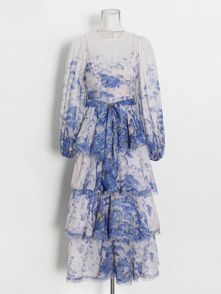 

DesireFair2023 New Celebrity Temperament Ruffle Round Neck Long-Sleeved Light Silk Banquet Elegant Cake Female Dresses