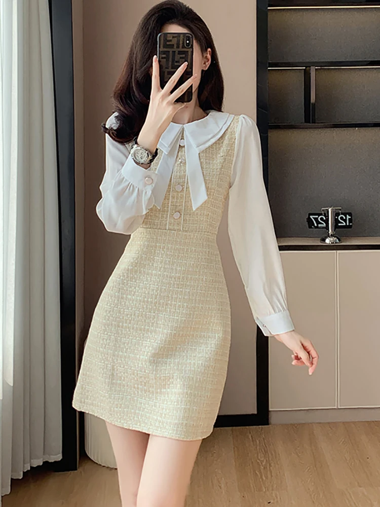 2024 клетчатое лоскутное платье-поло с воротником-поло осенне-зимнее Элегантное