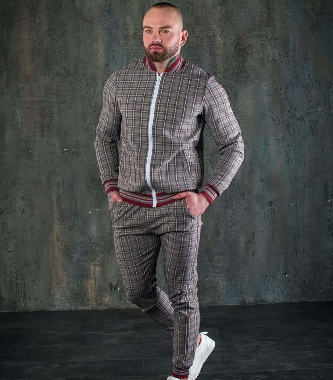 2022 Two Piece Outfits Suit Men Autumn Thin Plaid Fashion Zipper Jacket Trousers 3D Suit Gentlemen Clothing Sportswear