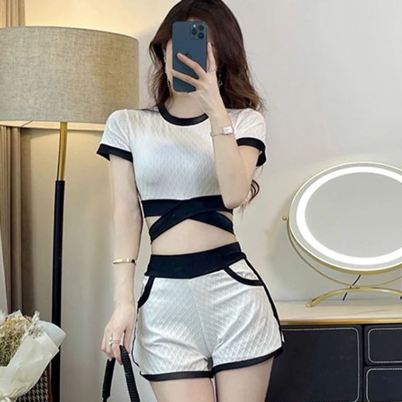 

Элегантные модные бикини в стиле Харадзюку, женские эстетичные шикарные сексуальные повседневные купальники, женские свободные купальники с коротким рукавом и вырезами