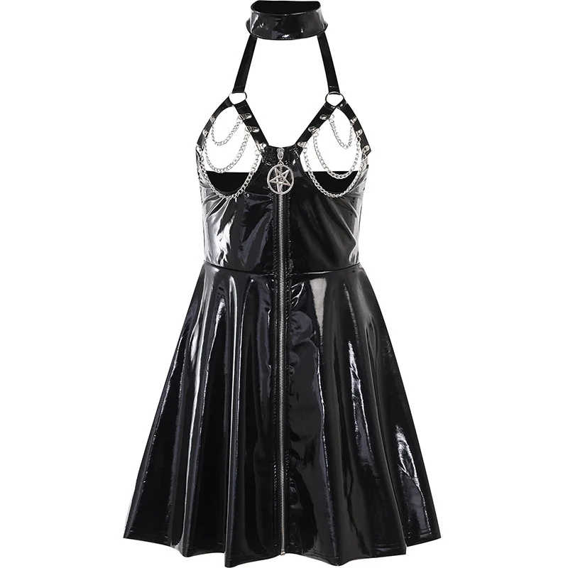 

Sexy Hot Girl Skirt Featured Chain Leather Hanging Neck Cos Dark Wind Zipper Dress