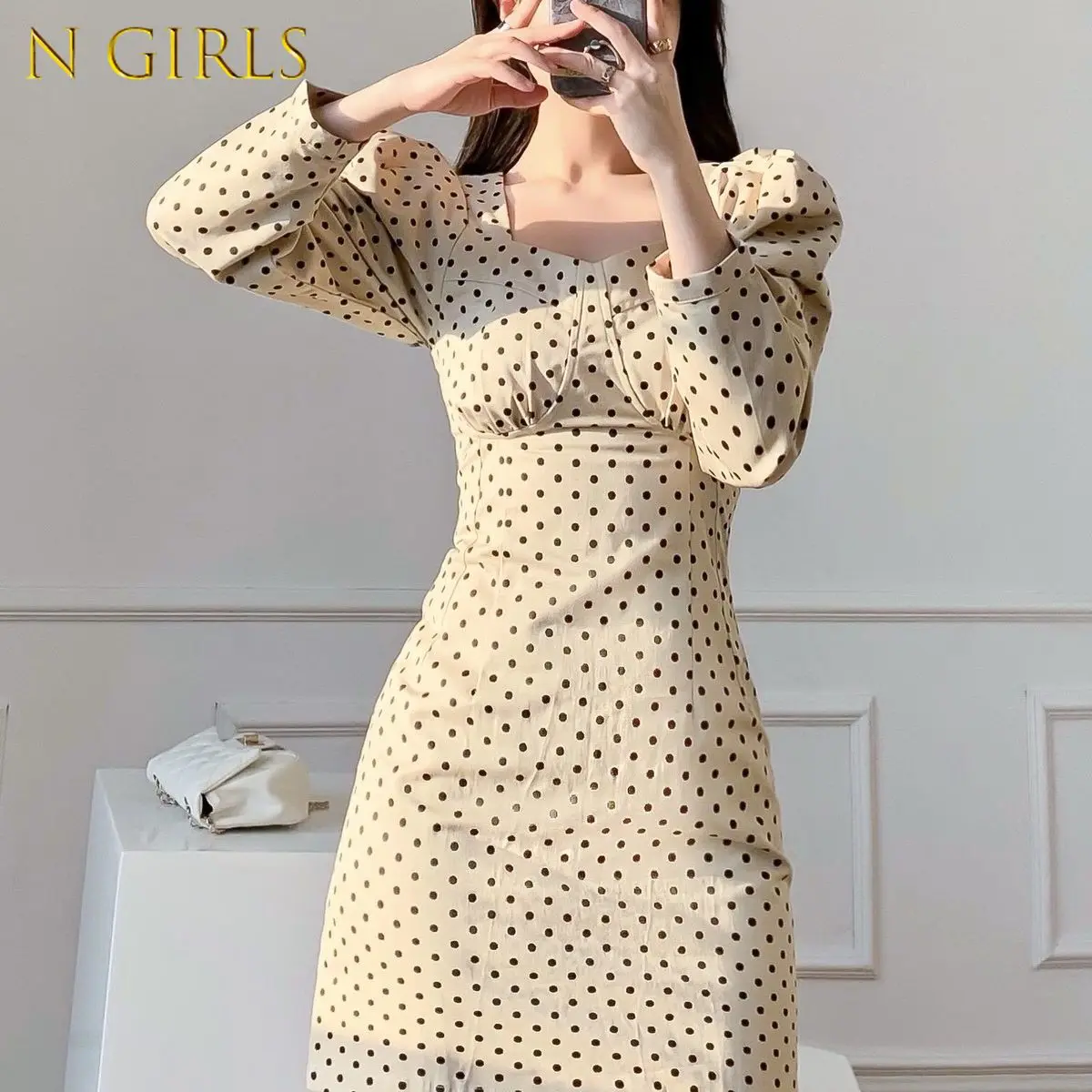 

Long Sleeve Dress Women Polka Dot Vintage Mini All-match French Style Elegant Square Collar A-line Stylish Autumn Cozy Holiday