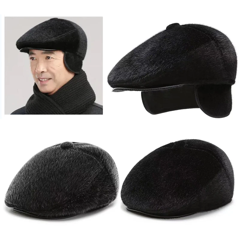 

Winter Faux Fur Driving Men's Newsboy Cap With Earflaps Beret Dad Hat for Elderly Flat Visor Cap Winter Warm Hats for Old Men