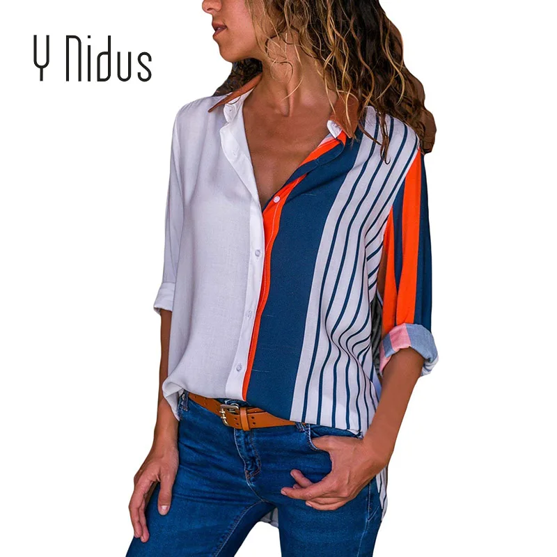 Женская шифоновая блузка с цветочным принтом длинным рукавом и V-образным