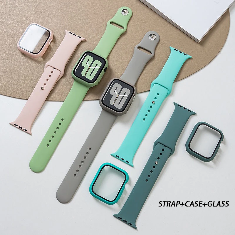 

Tempered Glass+Case+Strap For Apple Watch band 44 mm 45 mm 40mm 41mm 38mm 42mm Silicone watchbands iWatch series 8 7 6 4 5 3 se