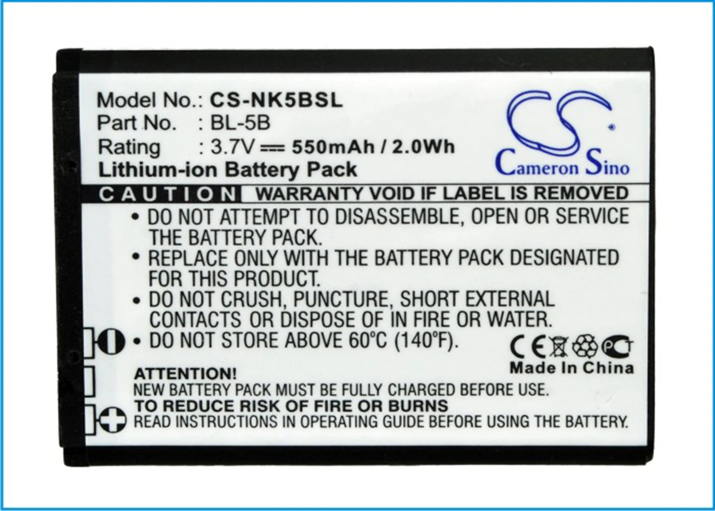 

Cameron Sino 550mA Battery for Nokia 2610, 3220, 3230, 5070, 5140, 5140i, 5200, 5300, 5300 XpressMusic, N90 BL-5B