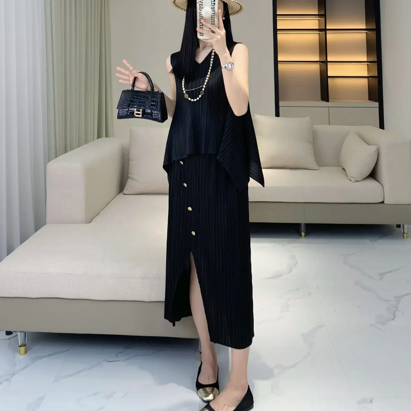 Женский плиссированный костюм с юбкой однотонный Свободный Топ без рукавов