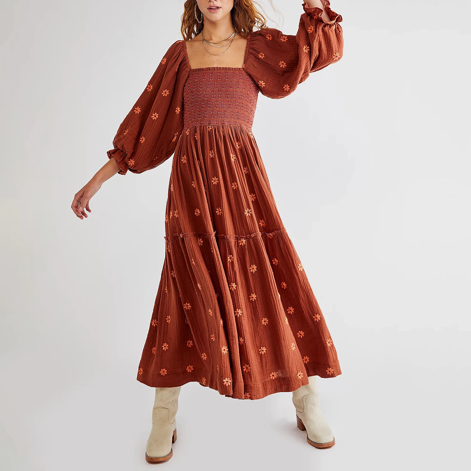 Женское длинное платье с цветочной вышивкой богемное трапециевидной формы