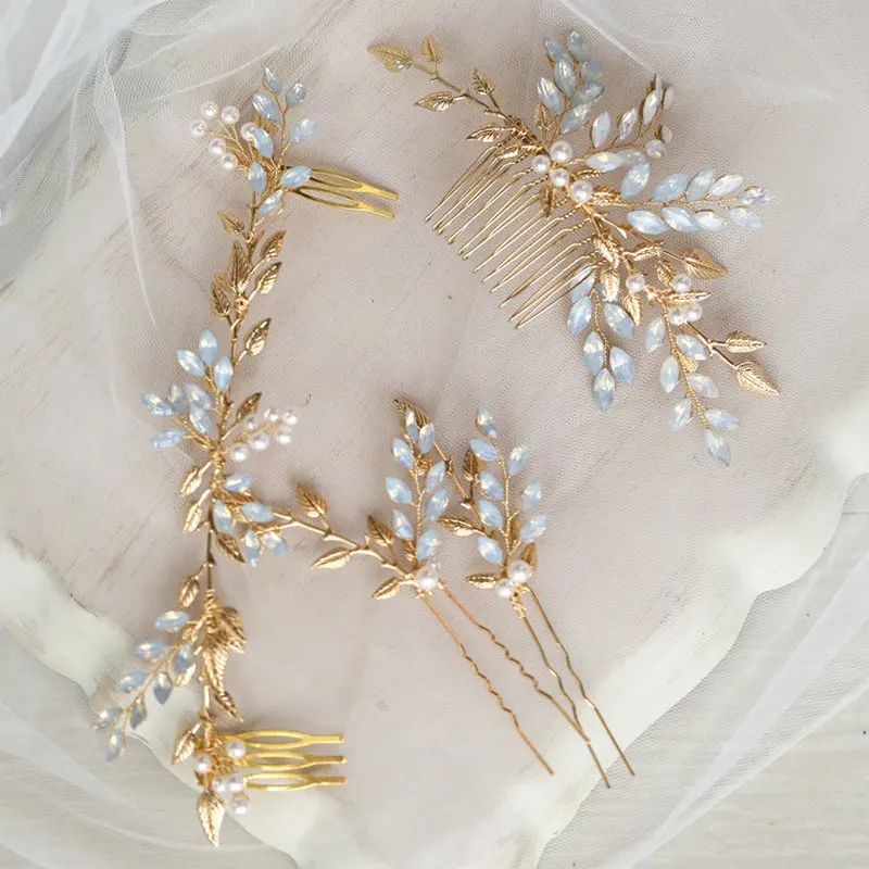 

Handmade Opal Crystal Bridal Hair Combs Gold Color Leaf Headpiece Pearl Women's Wedding Accessories Bridesmaid Jewelry
