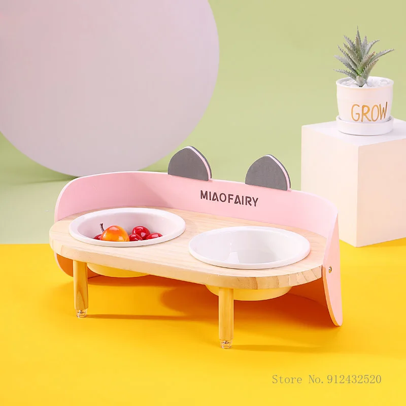 

Double Ceramic Cat Bowl Tall Oblique Mouth Bowl Cat Dog Feeder Cat Accessories Novelty