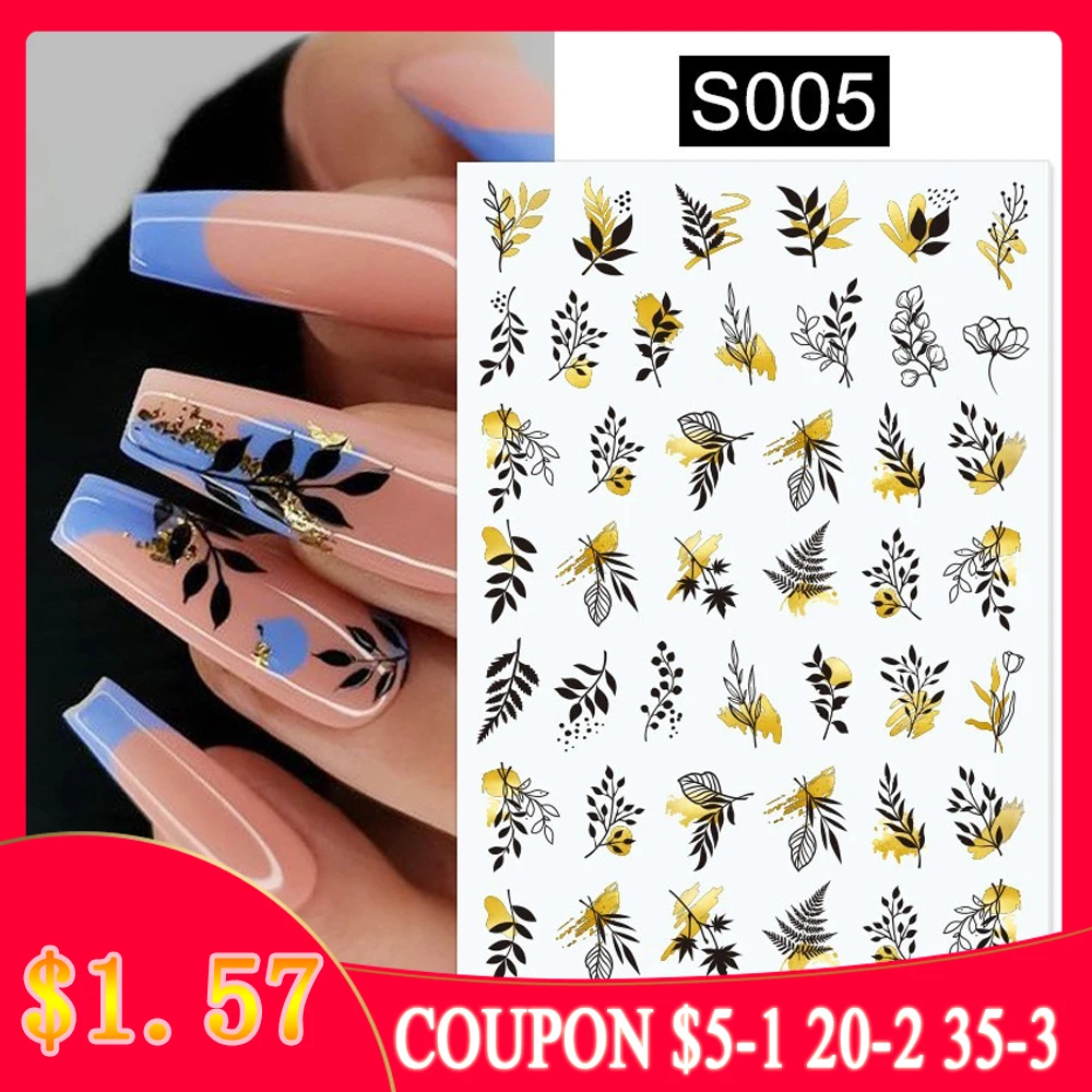 

1Sheet Cute Nail Art Sticker Flowers/Leaves/Abstract Geometric Line Design 3D Self Adhesive Nail Art Sliders Decals Decorations