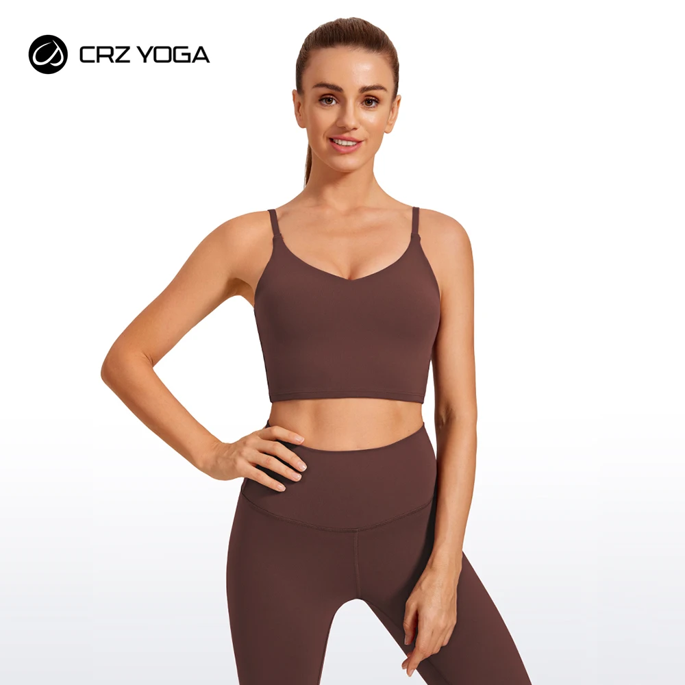 

CRZ YOGA Womens Butterluxe Adjustable Spaghetti Strap Longline Sports Bra - V Neck Padded Crop Tank Top with Built in Bra