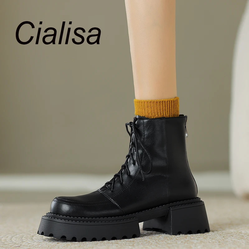 

Женские ботильоны на платформе Cialisa, черные короткие ботинки из натуральной кожи, на шнуровке, с круглым носком, на массивном каблуке, на молнии, Осень-зима 2023
