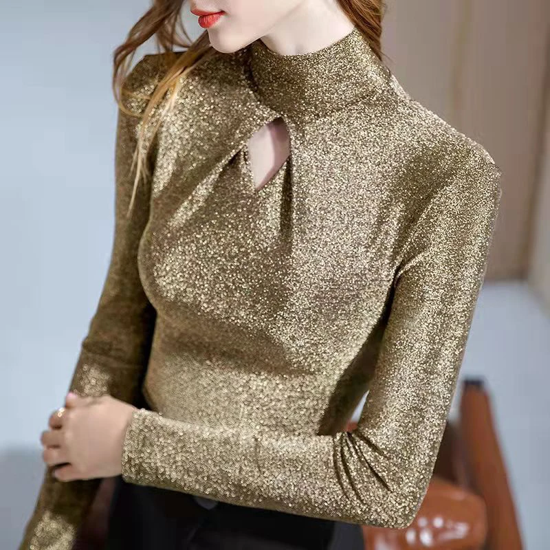 

Rimocy Sexy Hollow Out Silk Blouse Women 2023 Gold Half High Collar Slim Fit Blouses Woman Fashion Long Sleeve Shirts Ladies