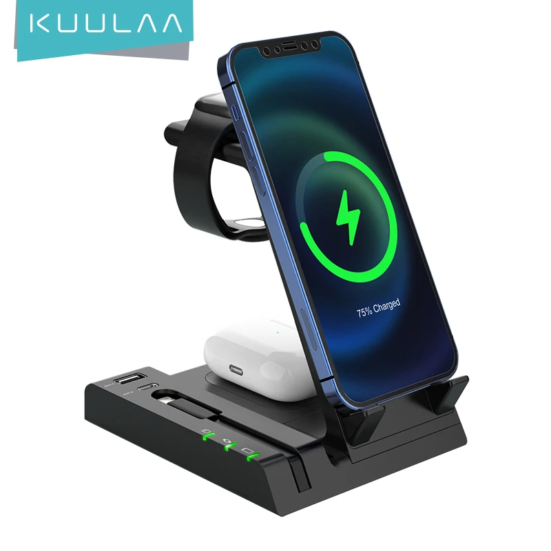 

KUULAA 15W Qi Wireless Charger Stand For iPhone14 For Apple Watch 6 in 1 Foldable Charging Dock Station For Airpods Pro iWatch
