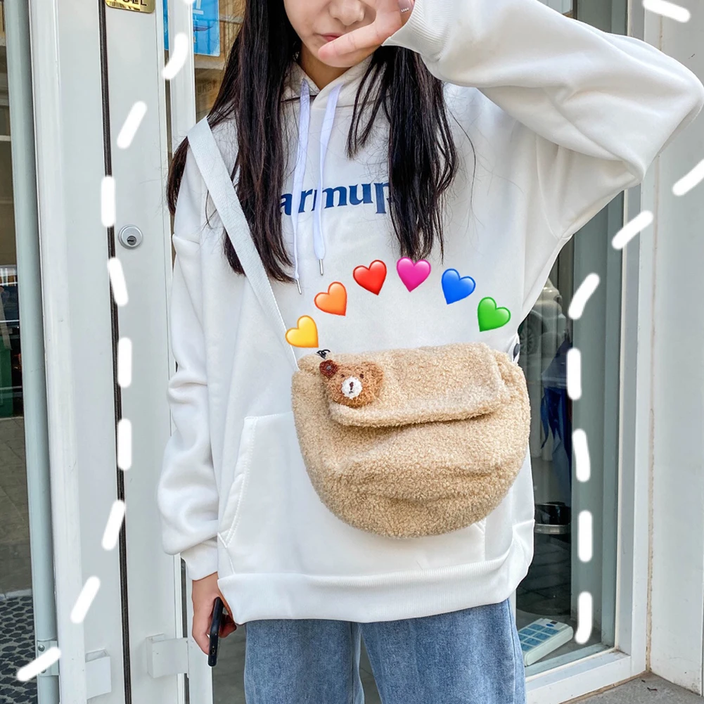 

Cute Bear Pendant Plush Big Capacity Shoulder Handbags Casual Girl Crossbody Bag Popular Simple Female Daily Bag