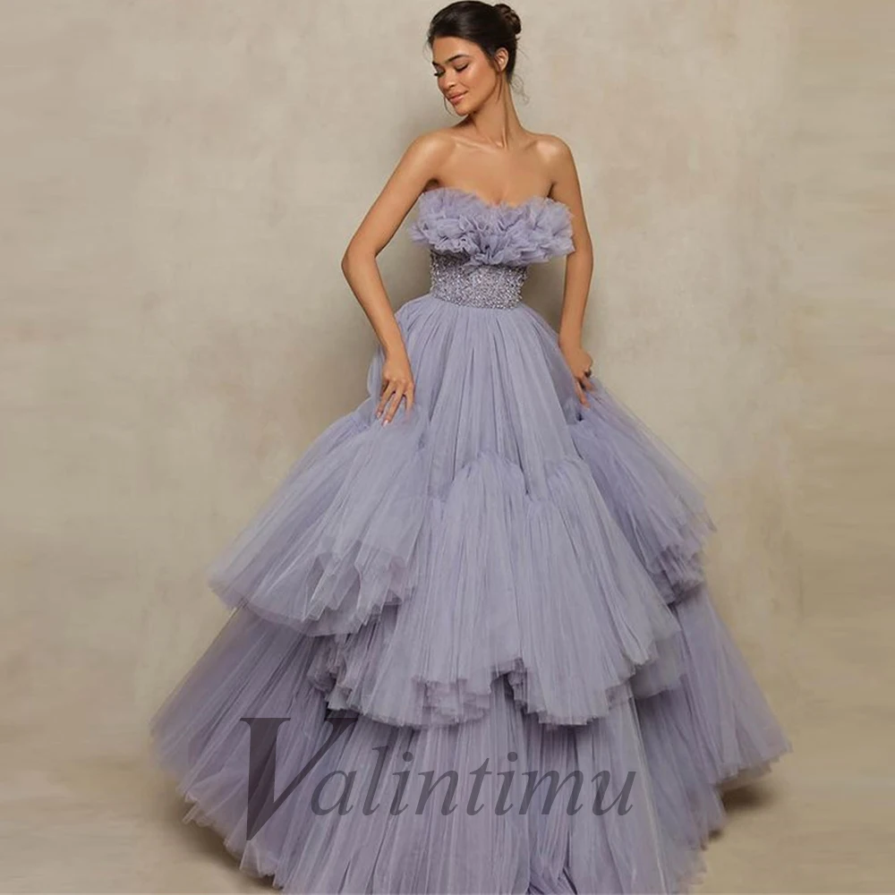 

Light Purple Elegant Cupcake Beading Evening Dress Pleat Tiered Sleeveless Made To Order Vestidos Robes De Soirée Formal Prom