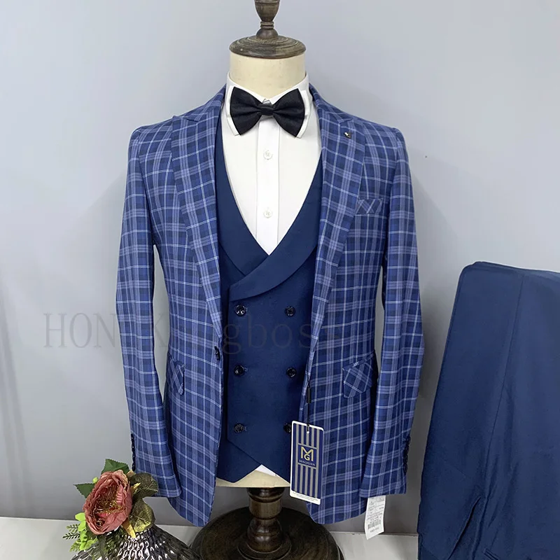 

3 Pcs Suit Set Blazers Coat Vest Pants / Fashion Men Casual Business Plaid Big Lapel Groom Wedding Formal Dress Jacket Trousers