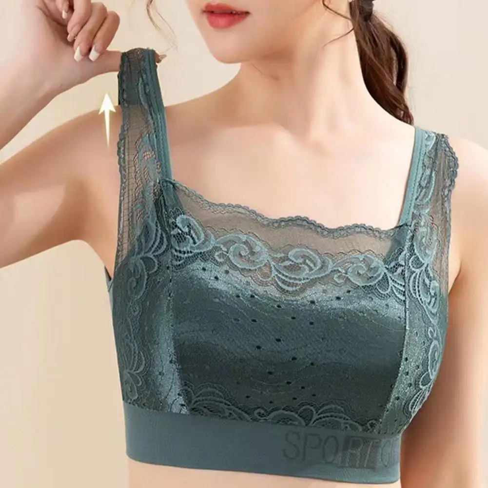 

Girls Brassiere Wide Shoulder Straps V-shaped Beauty Back Sports Bra Anti Sagging Padded Women Bra Lace Stitching Vest Bra