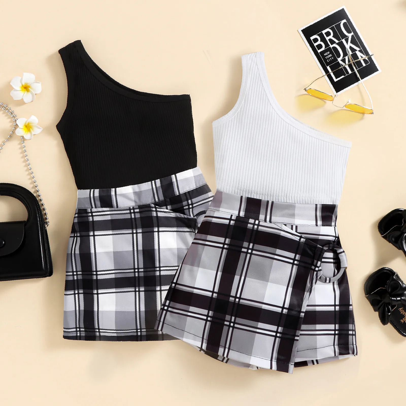 

Toddler Girls Kids Off Shoulders Sleeveless Ribbed Vest Tops Plaid Shorts 2pcs Outfits Set Teen Outfits 5 Toddler Girls Clothing