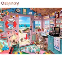 gatyztory diy handpainted oil painting painting by numbers pink seaside cottage picture paint home decoration unique gift