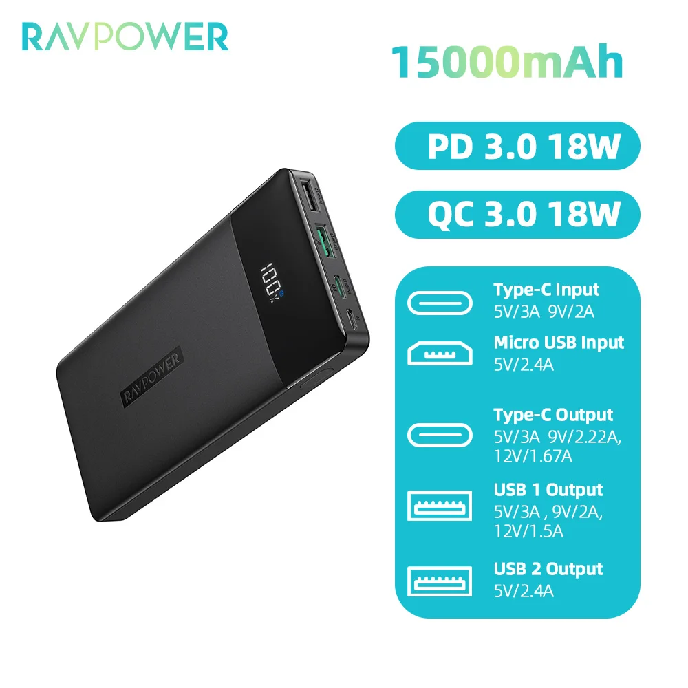 Портативное зарядное устройство RAVPower 15000 мАч QC PD 3 0 18 Вт быстрая зарядка