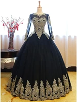 ball gown luxurious vintage quinceanera formal evening dress jewel neck long sleeve floor length lace with appliques 2022