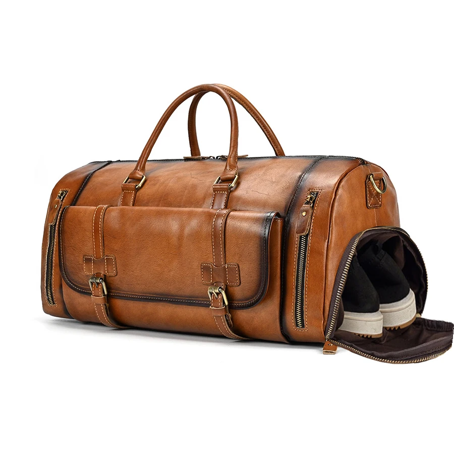 Retro Carry On Luggage Bag For Men Sports Bags 2022 Fashion Cowhide Luggage Travel Bag With Shoe Seat Weekend Bag Men Travel Bag