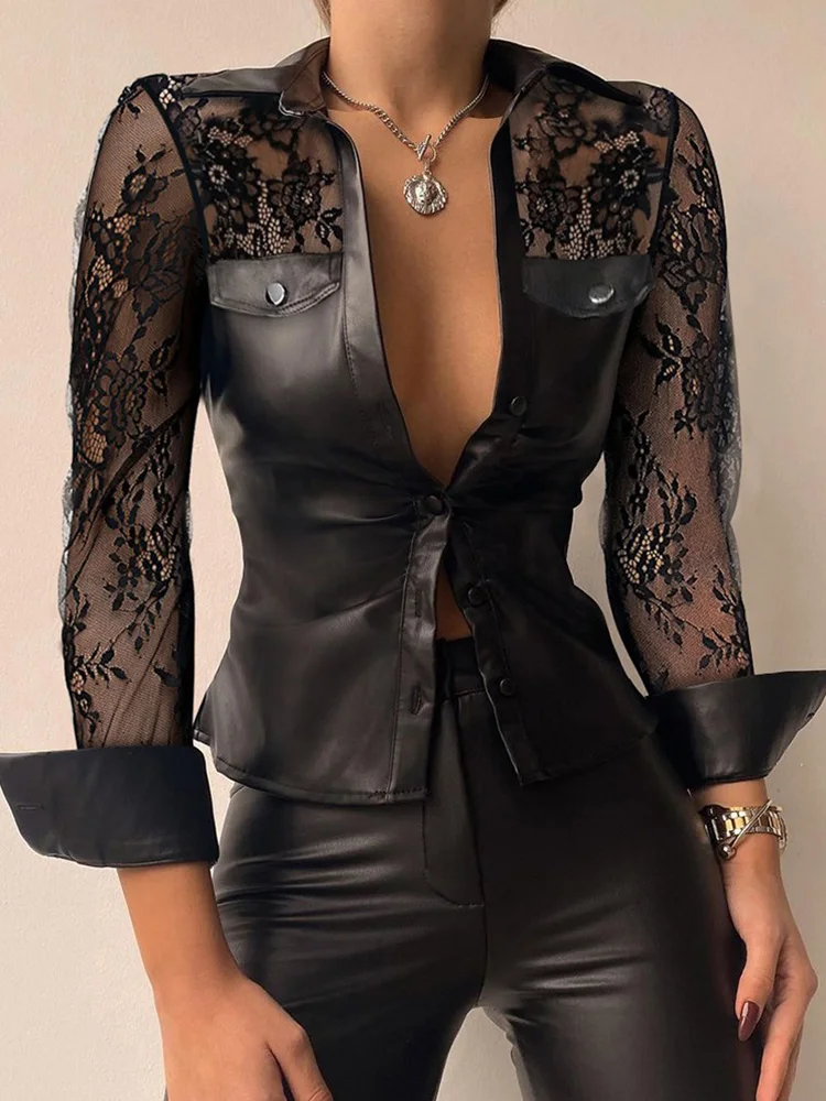 

Contrast Lace PU Leather Button Down Shirt Tops Women