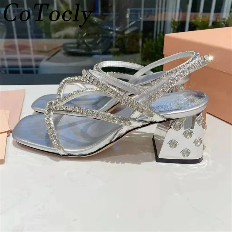 

New Crystal Sandals Women 6 CM Square Heels Rhinestone Party Runway Shoes Female Genuine Leather Summer High Heels Sandals Woman