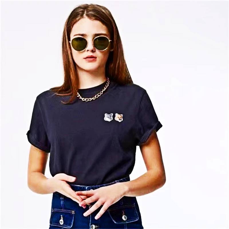 

Футболка с вышивкой Kitsun Little Fox, новинка, Классический Повседневный пуловер из чистого хлопка с круглым вырезом, короткая футболка