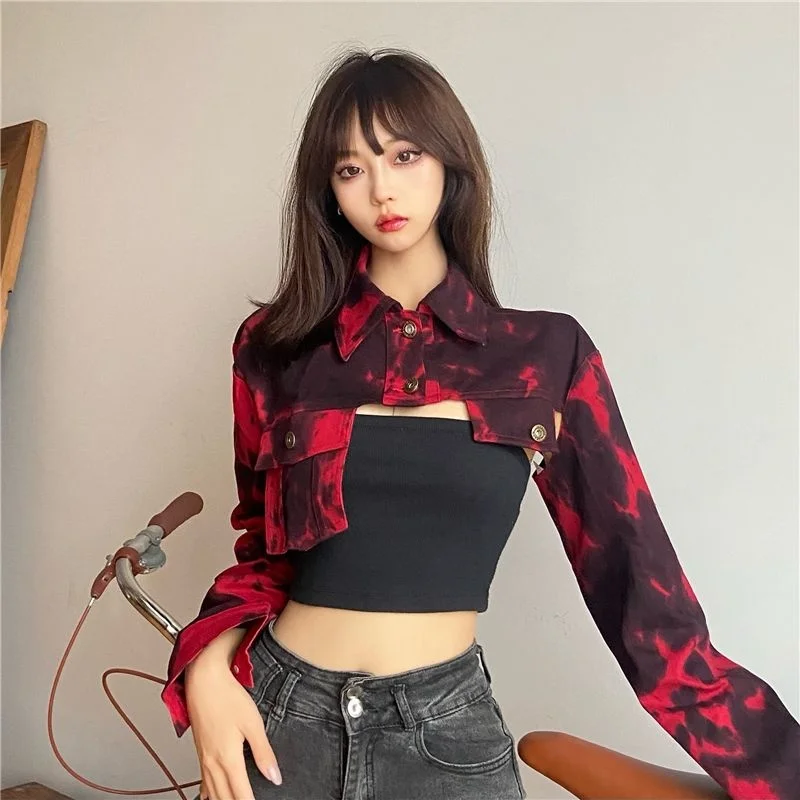 2023 Red Tie Dyed Short Coat Polo Collar Irregular Long Sleeve Summer Coat Vintage Y2k Punk Short Overalls Tops Women