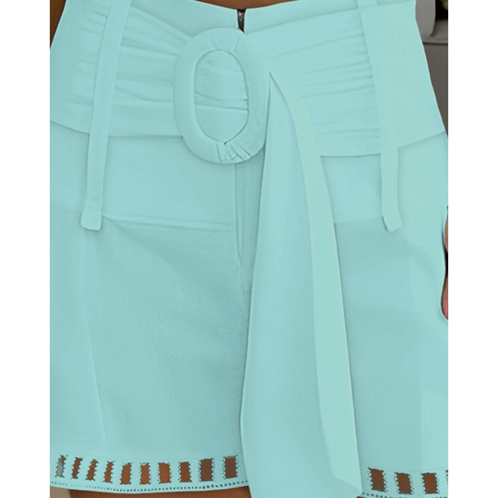 Korean Style Women High Waist Belted Pocket Design White Shorts Female Casual Elegant 2023 New Summer Hollow-out Hot Pants