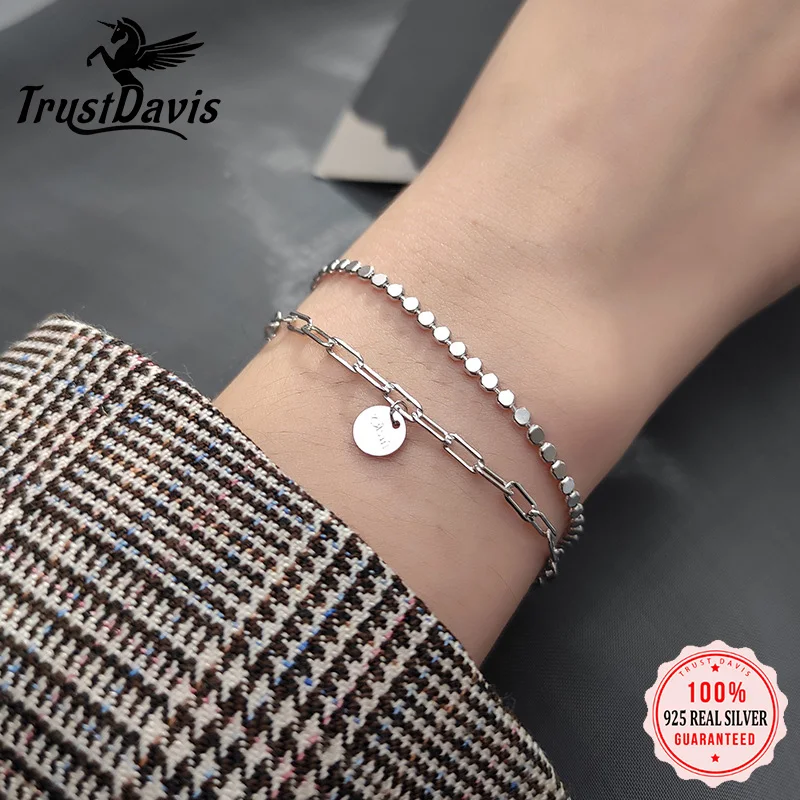 

Trustdavis Genuine 925 Sterling Silver Lucky Letter Double Chain Layer Round Slice Bracelet For Women Wedding Jewelry DA1004