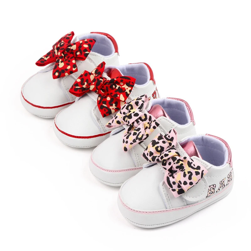 

Baby Girls Shoes Infant Sneaker Non-slip Bowknot Letters Leopard Print Flat First Walking Shoes Soft Sole Crib Shoes for Newborn