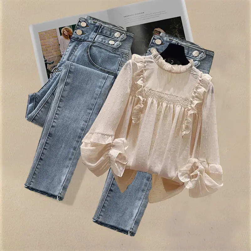 

Women Set Jeans Suit 2022 New Spring Autumn Fashion Large Size Long-sleeve White Shirt + Pants Suits Two-piece Sets 4XL E222